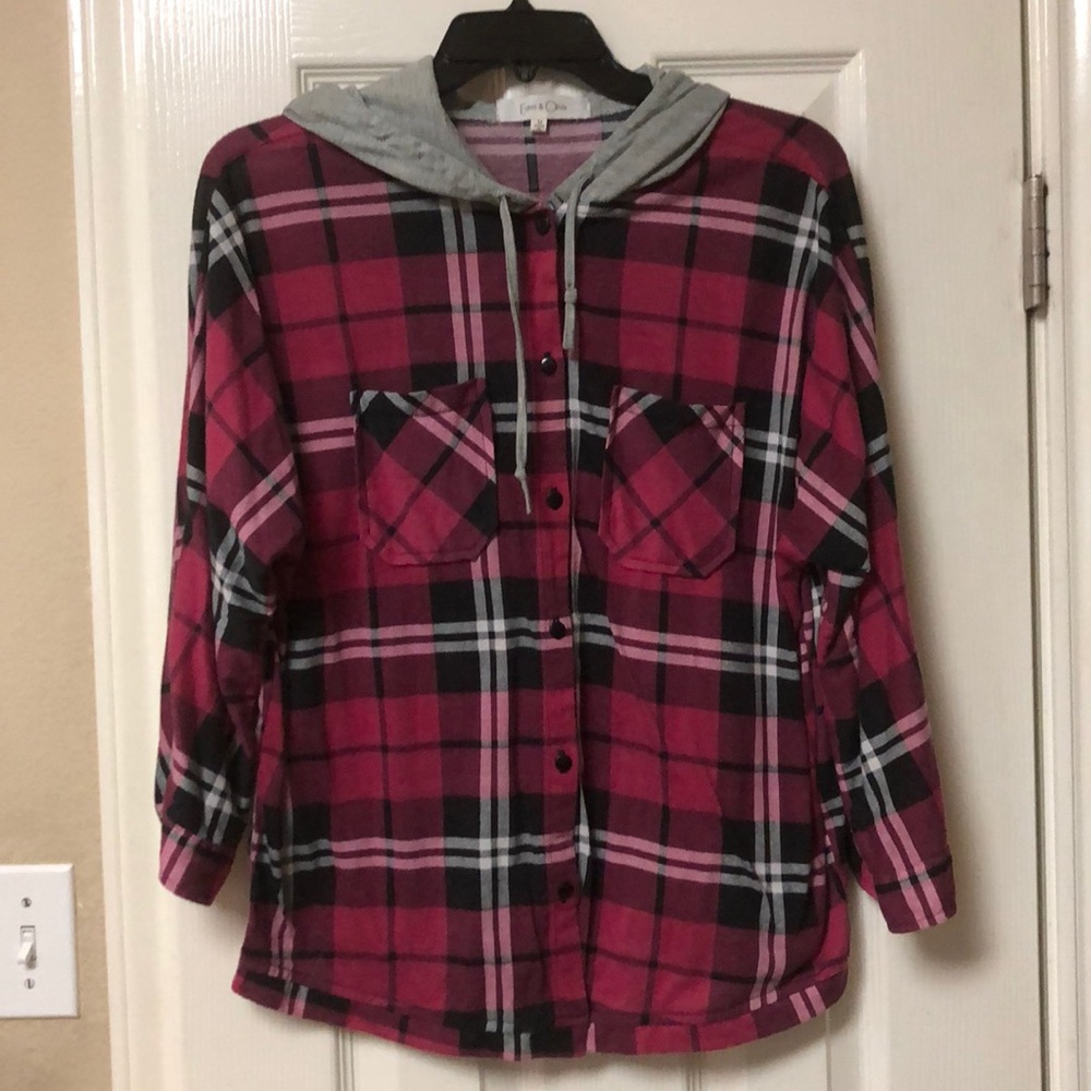 Even & Olivia Hot Pink & Black Plaid Hoodie Top